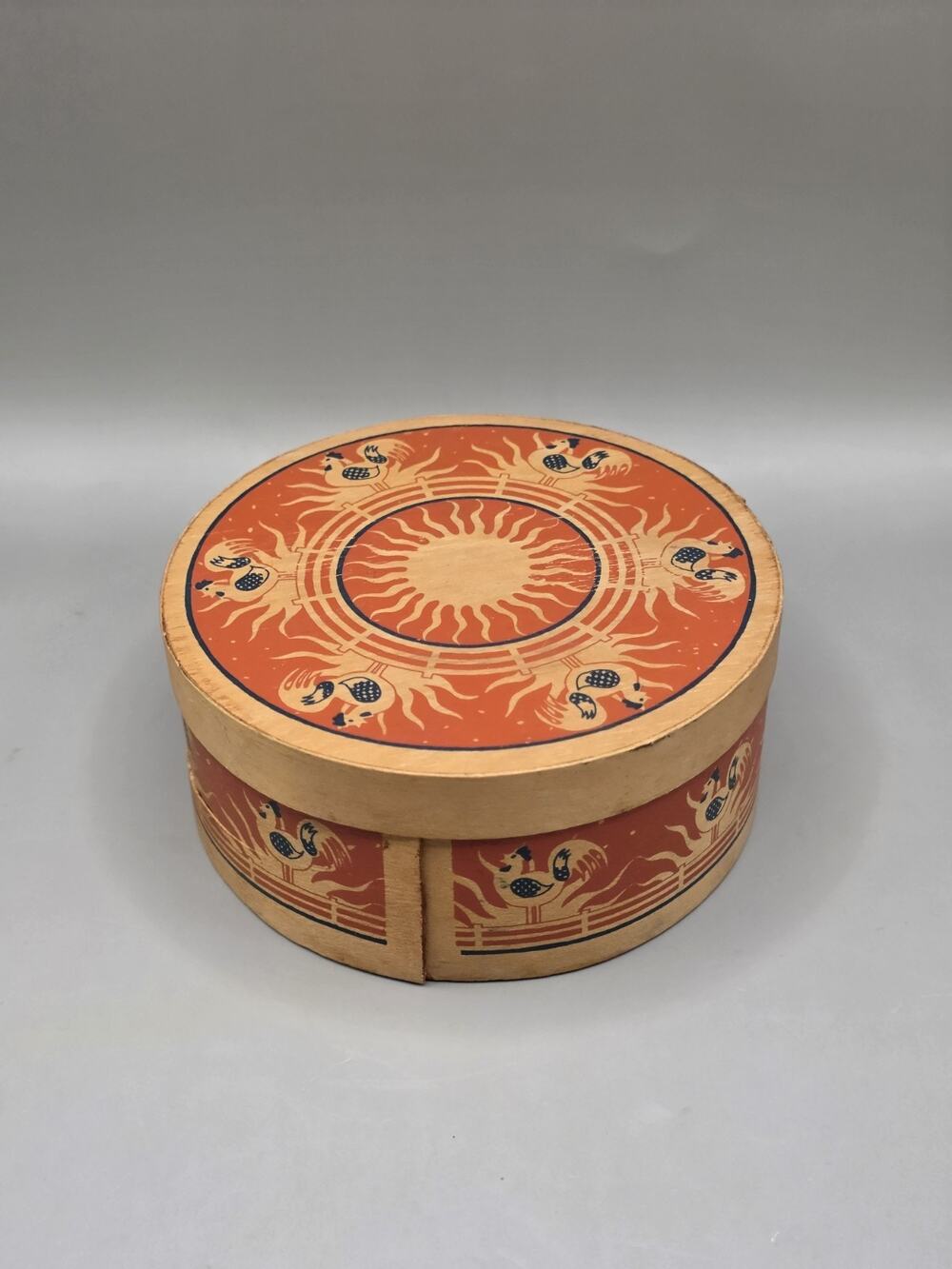 Vintage 1983 Claire Burke Wooden Potpourri Box Round Rooster Sunburst Folk Art